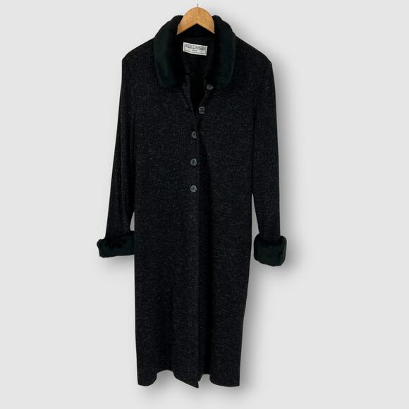 Vintage Jessica Howard Petite Black Long Cardigan Coat Faux Fur Button Front Med - Picture 1 of 5